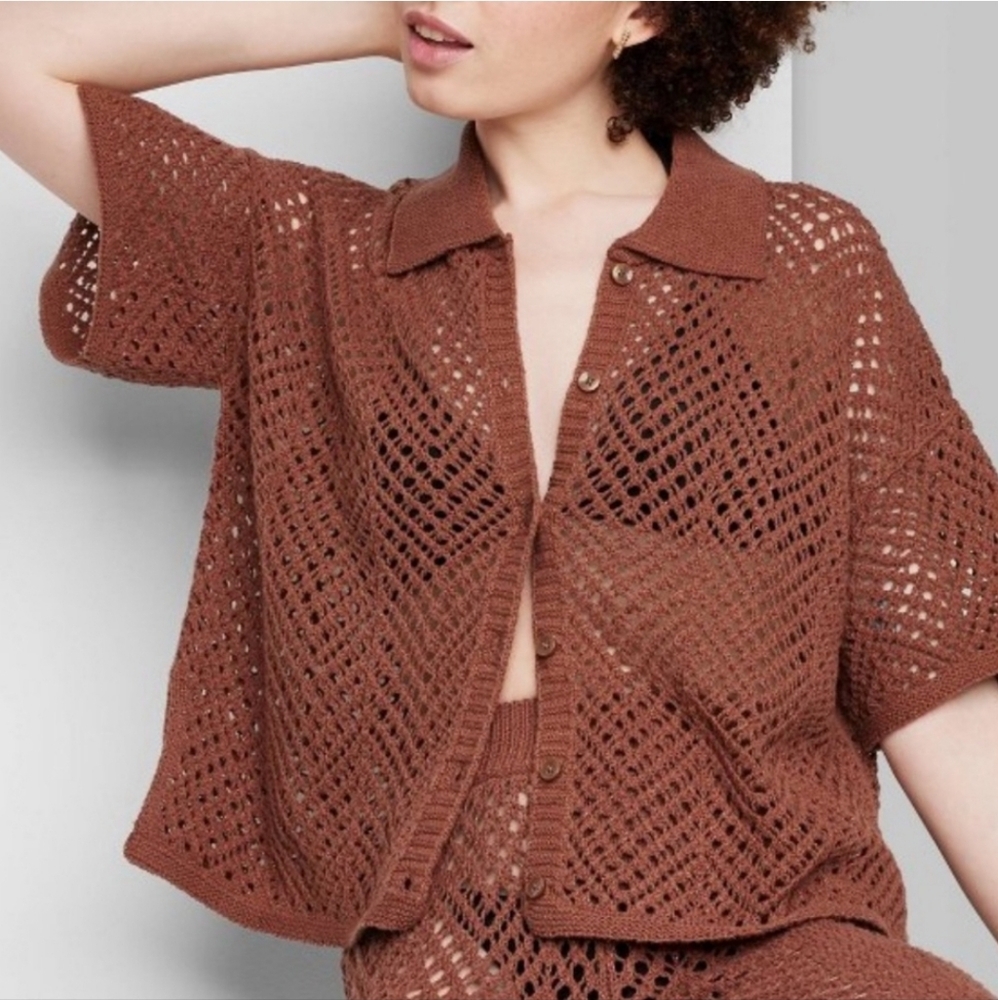 NWT Women's Button Down Crochet Top | Wild Fable | COVERUP SWIM | Brown